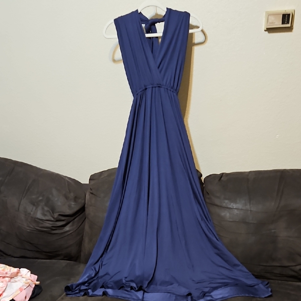 Sleeveless Deep V Navy Maxi Dress with Gathered Waist And Tie Neck.